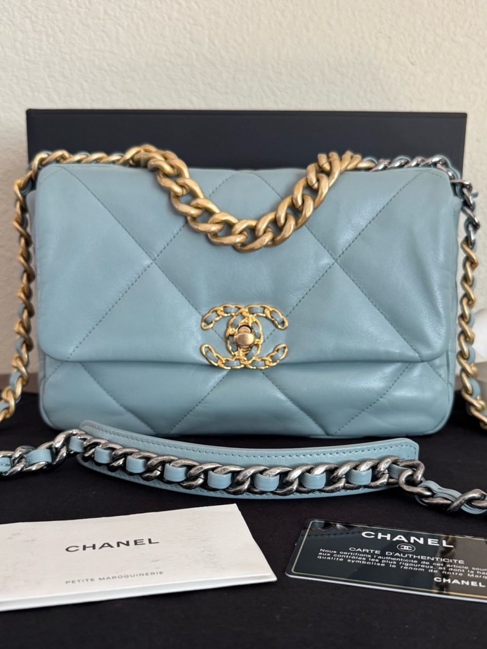 CHANEL 19 Quilted Lambskin Small Flap in Dusty Blue
